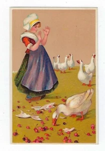 Postal de principios de 1900 PFB #6871 chica holandesa algunos gansos en relieve - sin publicar - Imagen 1 de 2