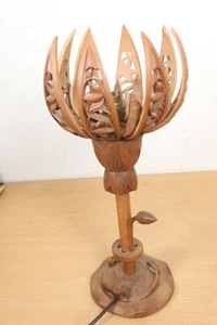 Vintage 1950s/60s Table Lamp Carved Solid Walnut Wood Mechanical Opening Lotus - Picture 1 of 24
