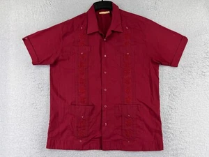 The Havanera Co Shirt Men Large Red Guayabera Button Up Polyester Blend 4 Pocket - Picture 1 of 13