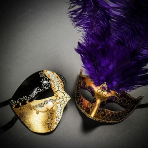 Black Gold Phantom Half Face Musical & Purple MardiGras Tall Feather Couple Mask - Picture 1 of 4