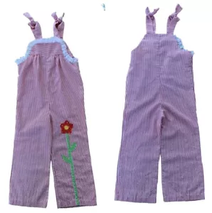 Vintage Girls Jumper Overalls Candy Striped Ruffles Embroidered Flower USA 3T - Picture 1 of 9