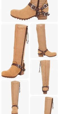 BOHO $299+BACIO 61 PALPARE Tan Leather KNEE BOOTS w/Brown LEATHER HARNESS sz 9M - Image 1 of 4