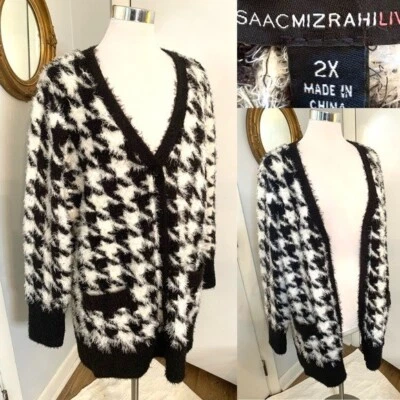 Isaac Mizrahi живой размер 2 X черный белый Houndstooth кардиган с карманами повседневный - Изображение 1 из 4