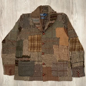 Polo Ralph Lauren Vintage Patchwork Wolle Alpaka Leder Schal Cardigan Pullover L - Bild 1 von 1
