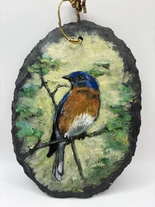 2001 Hand Painted Eastern Bluebird Oval Chisled Slate Stone R. Garrison 5x7 - Picture 1 of 5