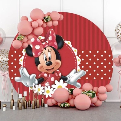 Telón de fondo rojo redondo de Minnie Mouse feliz cumpleaños fiesta fondo pancarta foto Foto 1 de 4