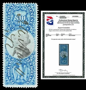 Scott R128 1871 10,00 $ Second Issue Revenue Used Fine Cat 260 $ with PSE CERT - Bild 1 von 1
