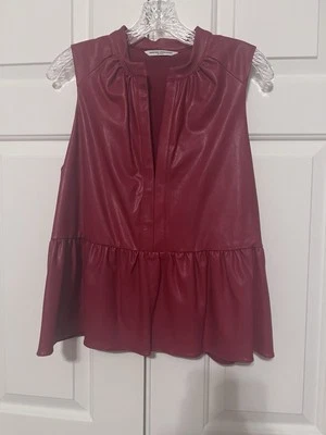 Blusa Amanda Uprichard Roja con Volantes Sin Mangas Rojo Carmesí Imitación Cuero Talla L Foto 1 de 4