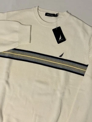 Suéter masculino listrado Nautica logotipo veleiro grande manga longa algodão NOVO COM ETIQUETAS US$ 69 - Imagem 1 de 4