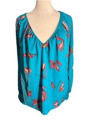 Nine West Floral Print Turquoise V-neck Blouse Size Large - Image 1 of 4