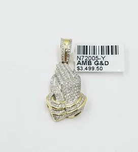 REAL 10K Yellow Gold Praying Hands Diamond Pendant Pave Charm 0.48CT 1.25" Inch - Picture 1 of 6