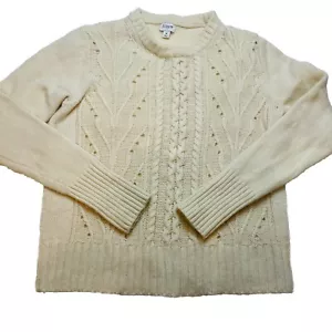 J Crew Wool Blend Fisherman Sweater Womens M Ivory Cable Knit Crew Open Knit - Picture 1 of 7