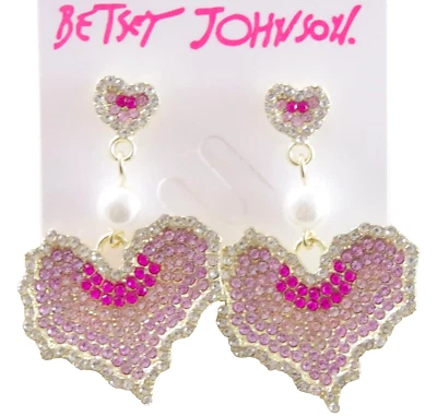 NEW BETSEY JOHNSON PEARL CRYSTAL RHINESTONE VALENTINE HEART DROP DANGLE EARRINGS - Image 1 of 4