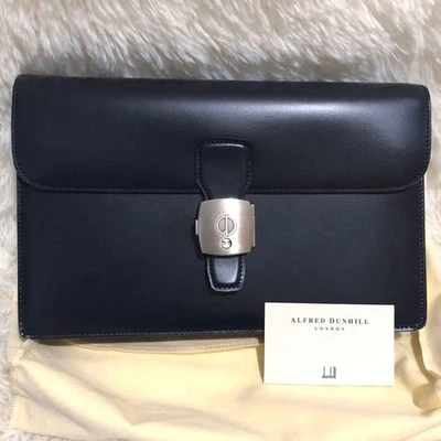 Dunhill Bolso Clutch Segundo Bolso Cuero Azul Marino Oscuro Solapa Cerradura ... - Imagen 1 de 4