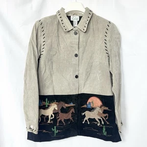Quacker Factory Suede Leather Jacket Coat Size L Gray/Black Embroidered Western - Picture 1 of 20
