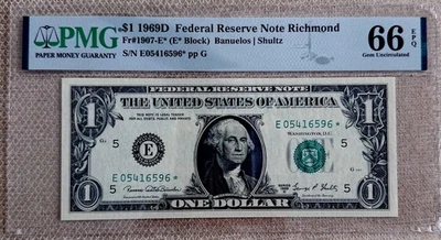 1969D One Dollar Richmond Star Note Fr 1907 E* ((E*)) Block PMG 66 - Image 1 of 2