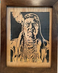 Vintage Handmade Scroll Saw Wood Art, Native American Chief, 18" x 14", Framed - Picture 1 of 8