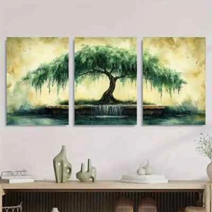 Impresión metálica de sauce de árbol verde sereno de 3 piezas lista para colgar arte - Imagen 1 de 7