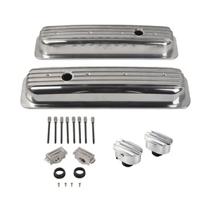 Polished Finned Short Valve Covers & Air PCV Breather For SBC Chevy 350 1987-97 - Picture 1 of 10