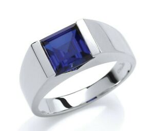 Gents Sapphire Solitaire Ring Solid Sterling Silver Rhodium Finish Size T - Y
