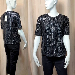 M&S AUTOGRAPH Fully SEQUINED Short Sleeve TOP ~ Size 14 ~ BLACK & SILVER Mix - Picture 1 of 7
