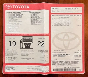 1995 Toyota Truck 4X4 Reg Cab DX Monroney Label - Picture 1 of 3