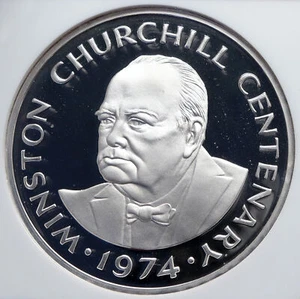 1974 TURKS & CAICOS UK WINSTON CHURCHILL Proof Silver 20 Crown Coin NGC i89302 - Picture 1 of 5