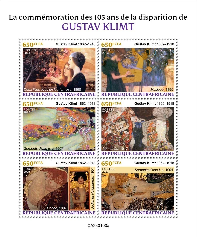 Gustav Klimt Paintings Art MNH Stamps 2023 Central African Republic M/S - Image 1 of 1