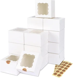 50Pcs 4X4X2.5 Inches White Bakery Boxes with Window, Cookie Boxes, Mini Cake Box - Picture 1 of 12