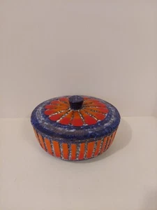 Vintage Bitossi Style Italy MCM Handmade Ceramic Blue And Orange Lidded Dish - Picture 1 of 15