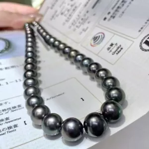 HUGE AAAAA 10-11mm Natural REAL SOUTH SEA BLACK ROUND PEARL NECKLACE 14K GOLD - Picture 1 of 5