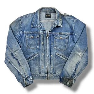 Vintage 60s Wrangler 24MJZ Zip Up Denim Trucker Jacket Size 42 Faded Distressed - Picture 1 of 11