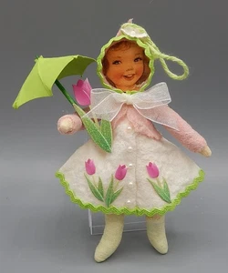 OOAK German Spun Cotton Tulip Girl w Umbrella Feather Tree Christmas Ornament - Picture 1 of 10
