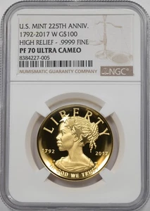 2017-W $100 Gold 1oz Proof NGC PF70 UC US Mint 225th Anniv. High Relief NG2176 c - Picture 1 of 2