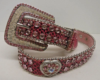 Shyanne Leather BELT w/ BUCKLE Pink Rhinestones & Hearts Western Cowgirl size 26 - Image 1 of 4