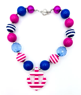 Collar Gargantilla Grueso Rosa Azul Cuentas Lucite Ancla Náutica Chicle 16 pulgadas Foto 1 de 4