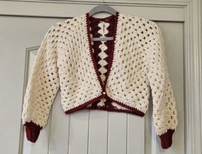 Cárdigan corto vintage hecho a mano abuela cuadrado ganchillo suéter talla pequeña para mujer Foto 1 de 4