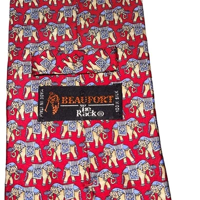 Beaufort Tie Rack Men's Necktie Silk Satin Red Standard Elephants Art Formal Fun - Image 1 of 4