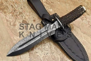 Hand Forged Damascus Steel Hunting Battle Ready Dagger Knife Stag Antler Handle - Picture 1 of 4