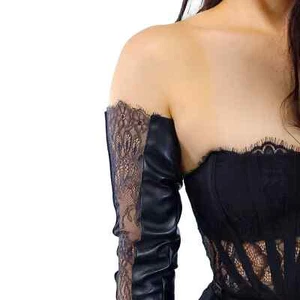 Women's Lace GLOVES Black 70cm Long Faux Leather Fashion Evening Opera Party - Picture 1 of 8