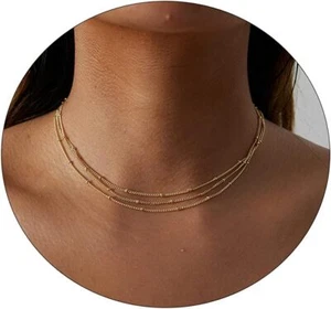 Dainty Necklace 14K Gold Plated Layered Satellite Paper Clip Chain Link Everyday - Picture 1 of 7