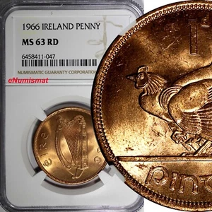 IRELAND Republic Bronze 1966 1 Penny NGC MS63 RD FULL RED  KM# 11 (047) - Picture 1 of 4