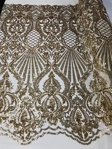 Damask Design Gold Sequin Fabric On a Mesh 4 Way Stretch Mesh Lace By The Yard - Picture 1 of 5