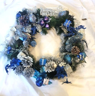 Christmas Wreath Blue Silver Glitter 16" - Image 1 of 4