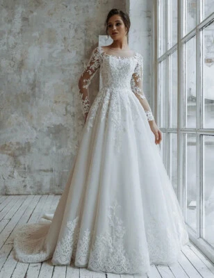 Длинные рукава кружева свадебные платья аппликации кнопки назад принцесса свадебные платья - Изображение 1 из 4