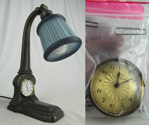 1800's antique bankers lamp BUILT IN CLOCK blue glass shade AUSTRIA GERMANY Cover
