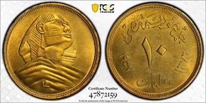 EGYPT , 10 MILLIEMES SPHINX 1957 - 1376 AH ( 24 ) PCGS MS 64 , RARE - Picture 1 of 1