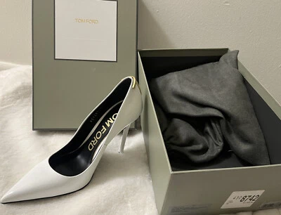 Nuevo en caja $1290 Tom Ford Iconic T 105 mm zapatos de salón charol blanco - talla 8 B EE. UU. 38 UE Foto 1 de 4