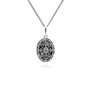 Estilo Art Nouveau Ovalado Topacio Y Marcasita Medallón En 925 Plata de Ley - Imagen 1 de 1