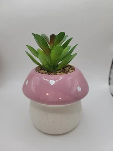 Pink Mushroom Planter With Fake Plant - Picture 1 of 6